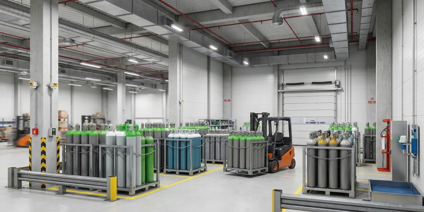 Professional storage of gas cylinders in a logistics property: Orderly rows of compressed gas containers (oxygen, argon, nitrogen) in metal racks on a clean industrial floor. An explosion-proof forklift moves gas cylinder bundles. Visible safety infrastructure: Explosion-proof lighting, ceiling ventilation, sprinkler system and fire walls (F90). Yellow floor markings mark traffic routes and storage areas.